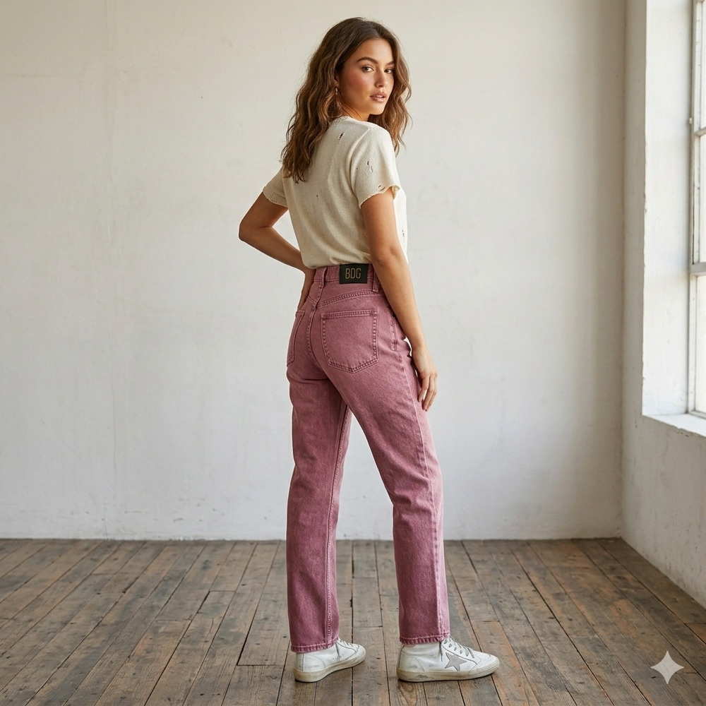 Urban Outfitters Cowboy Jean High-Rise Straight Leg - Pink Acid Wash (Size‎ 24)